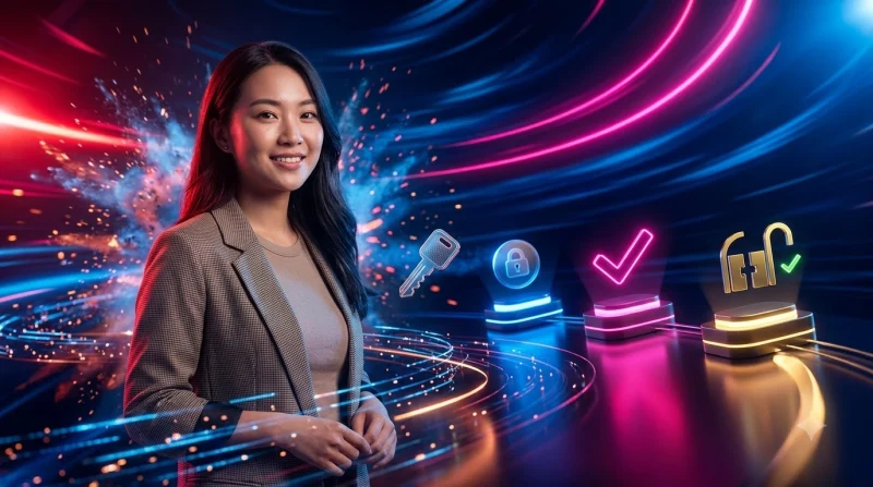 Minh họa ba bước khôi phục mật khẩu qua giao diện hologram gồm nhập email, xác minh mã và đặt lại mật khẩu mới