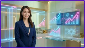 Người dùng quan sát bảng trạng thái giao dịch hologram thể hiện tính minh bạch