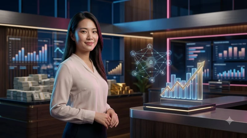 Người dùng quan sát bảng trạng thái giao dịch hologram thể hiện tính minh bạch