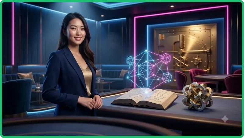 Tổng quan luật baccarat F8BET với bàn chơi casino sang trọng, bài và chip vàng
